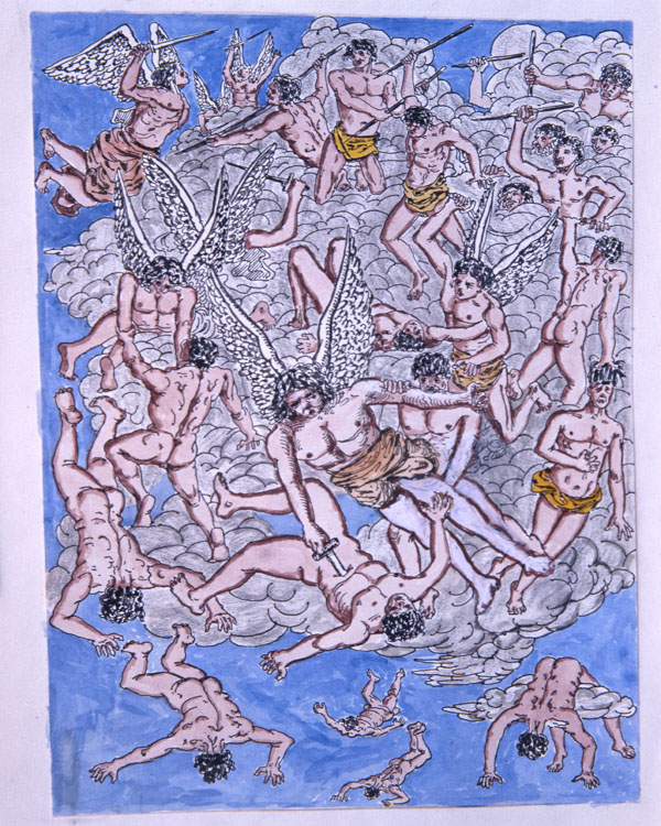 Giorgio de Chirico, L'Apocalisse. E ci fu una gran guerra nel cielo (1977), litografia acquarellata